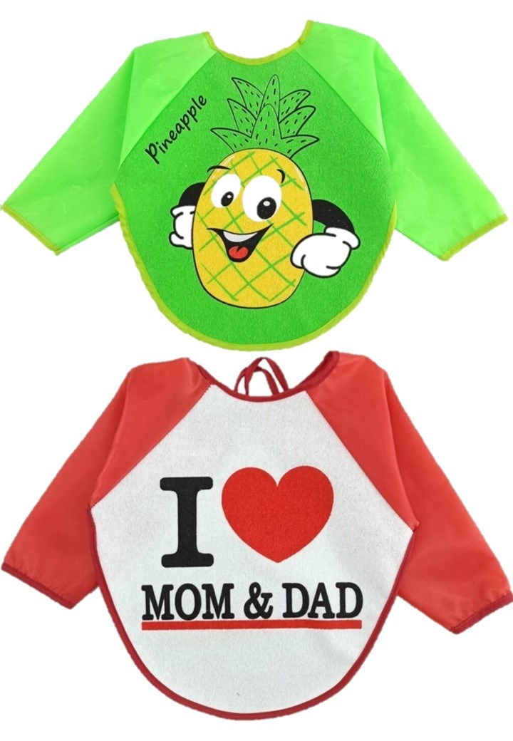 Ananas Ve I Love Mom&Dad Figürlü Kollu Mama Önlüğü