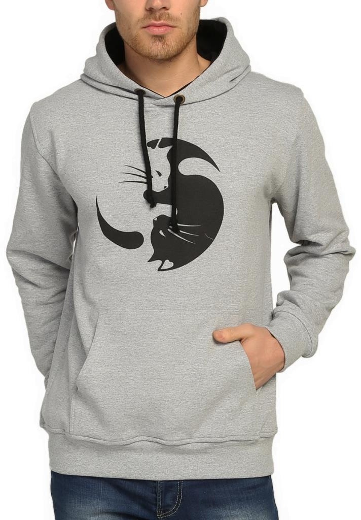 Bant Giyim - Yin Yang Kedi Gri Kapşonlu Erkek Sweatshirt Hoodie