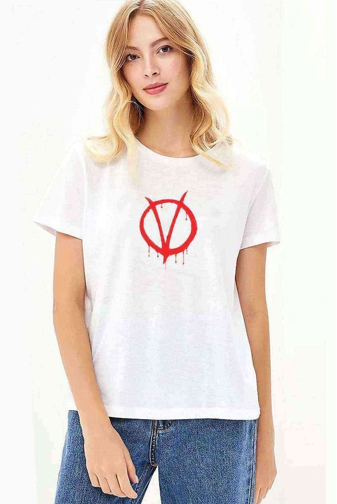V For Vendetta Baskılı Beyaz Kadın Tshirt