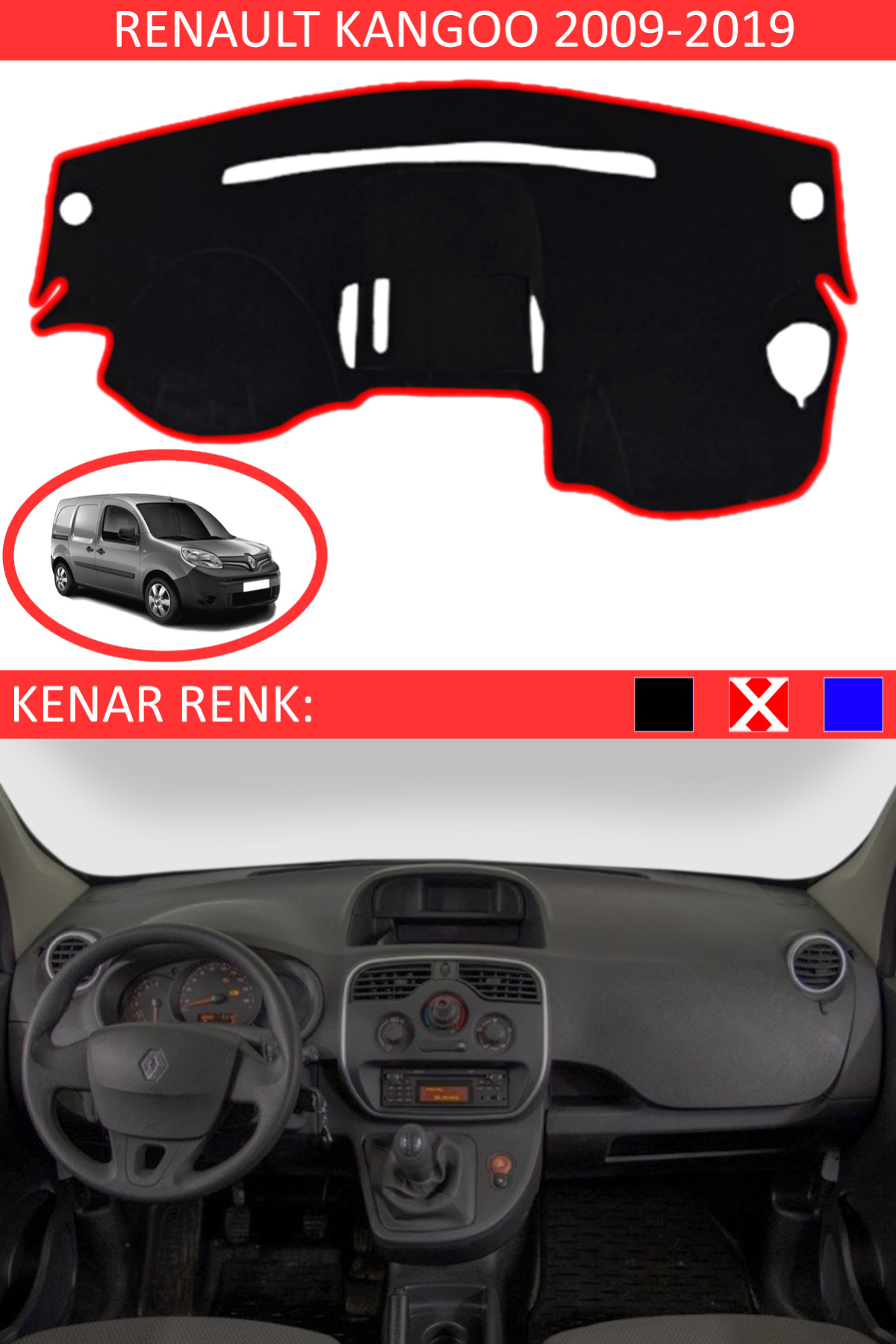 Renault Kangoo 2009-2019 İçin Uygun Torpido Koruma Halısı Siyah Kenar Renk Kırmızı