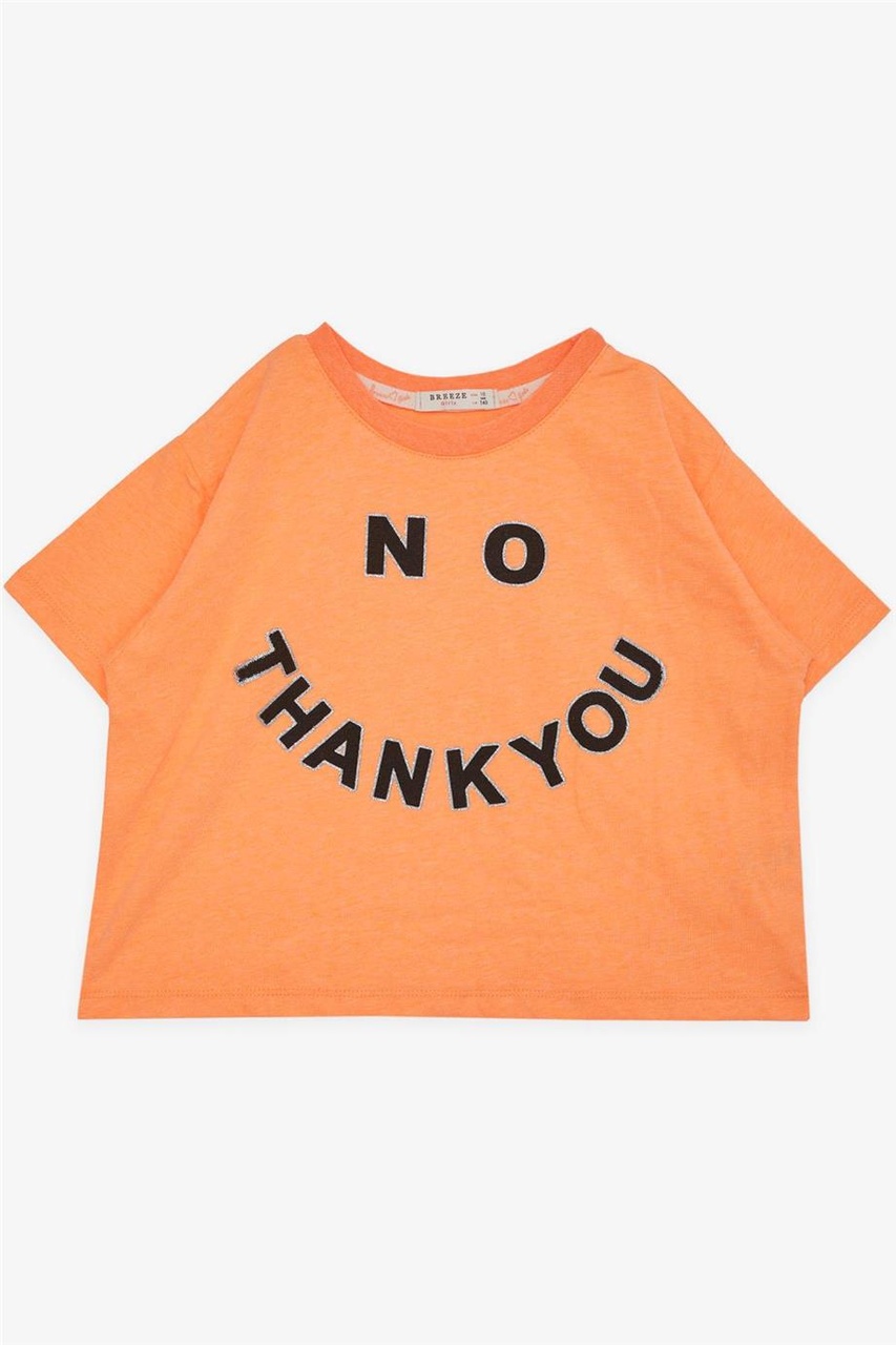 Kız Çocuk Crop Tişört Simli Yazı Baskılı , Neon Turuncu-neon Turuncu