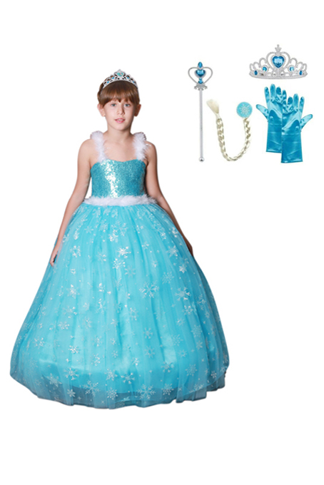 Prenses Elsa Askılı Elsa Kostüm Taç Asa Saç Eldiven 1-12 Yaş