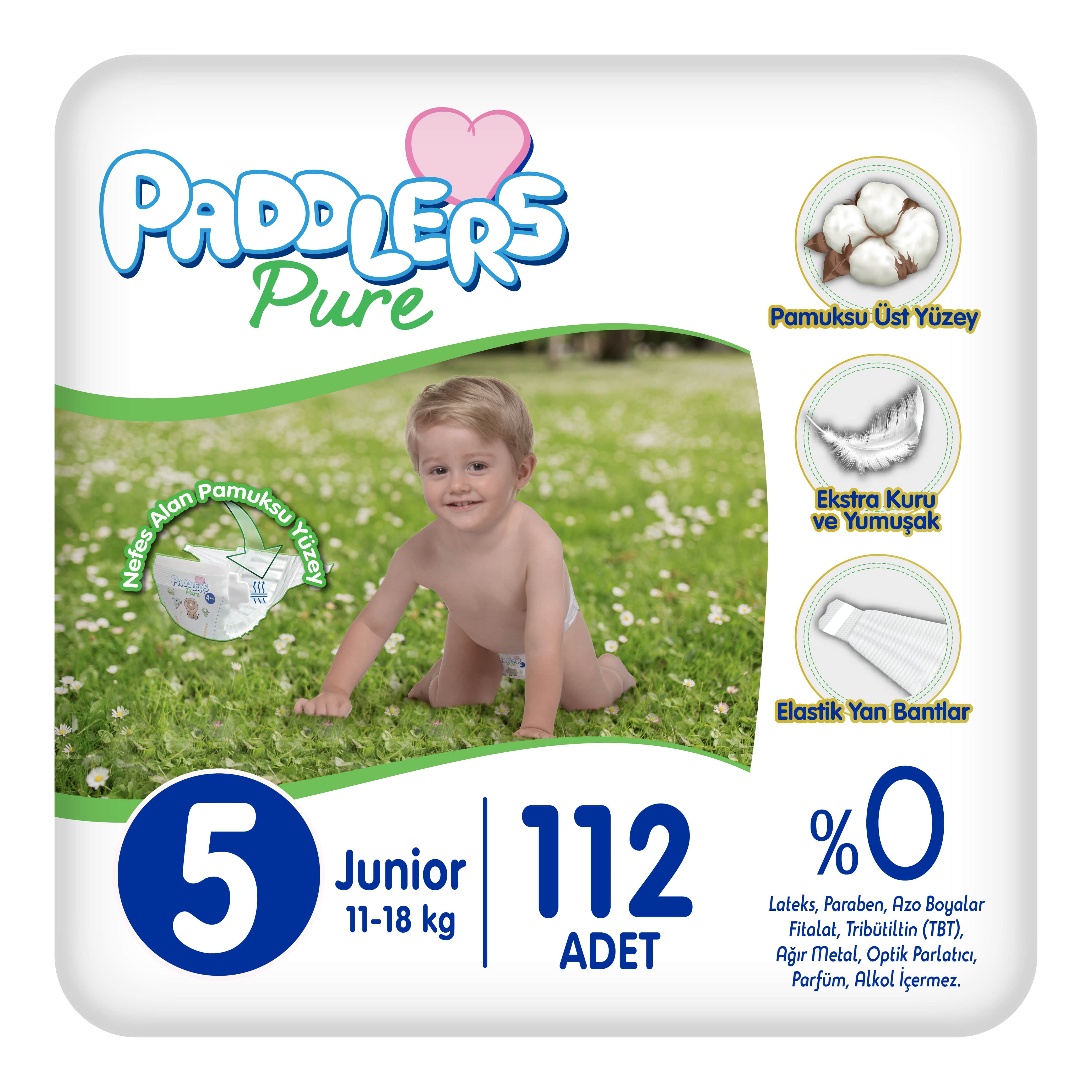 Paddlers Pure Bebek Bezi 5 Numara Junior 11-18 KG Ekstra Aylık Paket 112 Adet