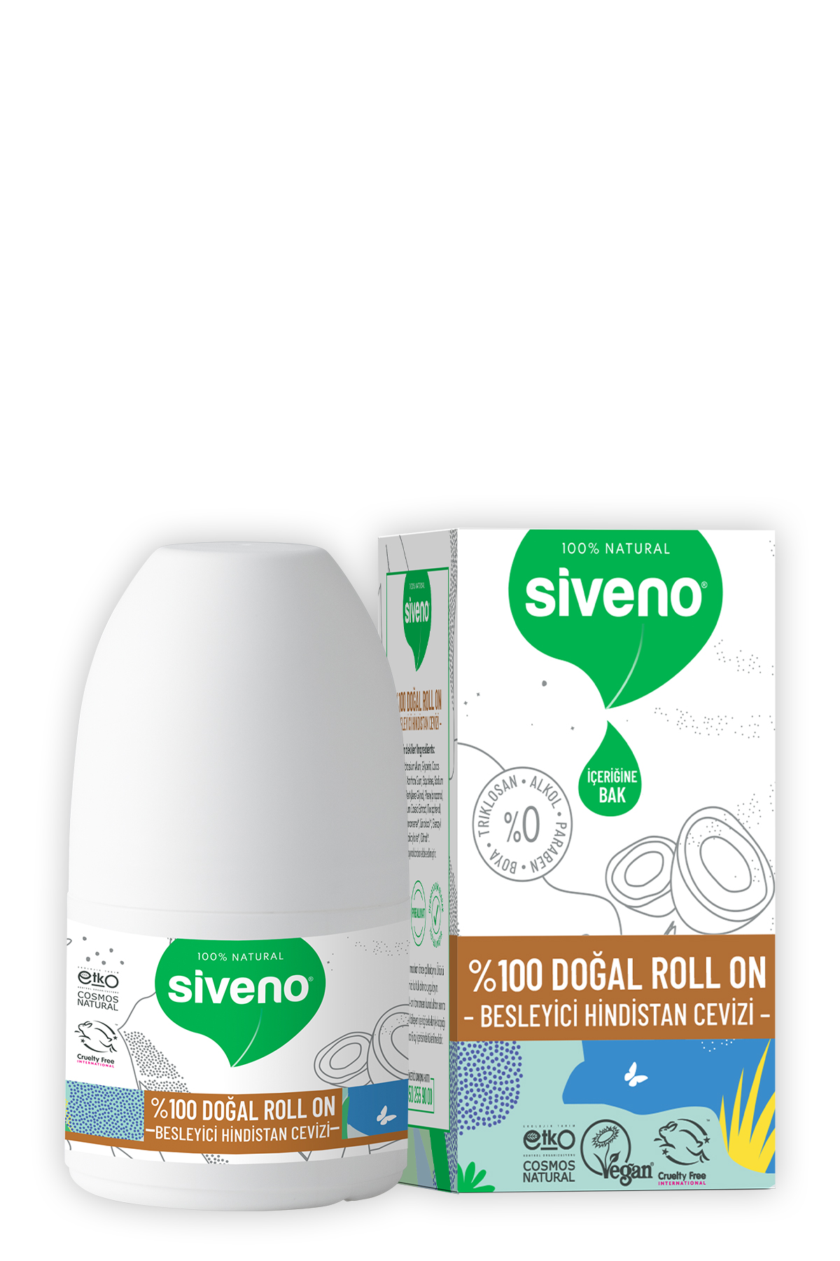 Siveno %100 Doğal Roll-On Hindistan Cevizli Deodorant Ter Kokusu Önleyici Bitkisel Lekesiz Vegan 50 ML