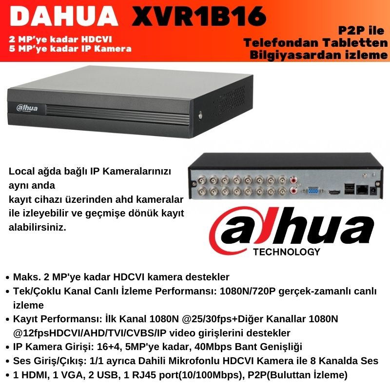 Dahua Xvr1B16-I 16 Kanal H265+ 2Mp Hdcvı Ahd Xvr Kayıt Cihazı