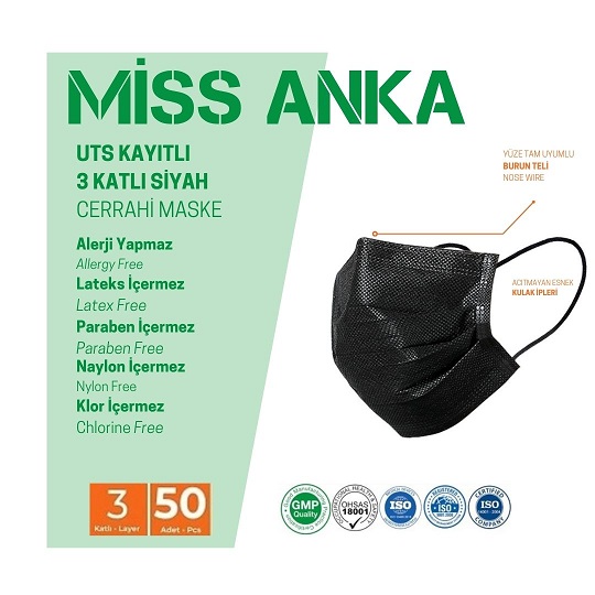 Miss Anka Maske Uts Kayıtlı 50 Adet Siyah