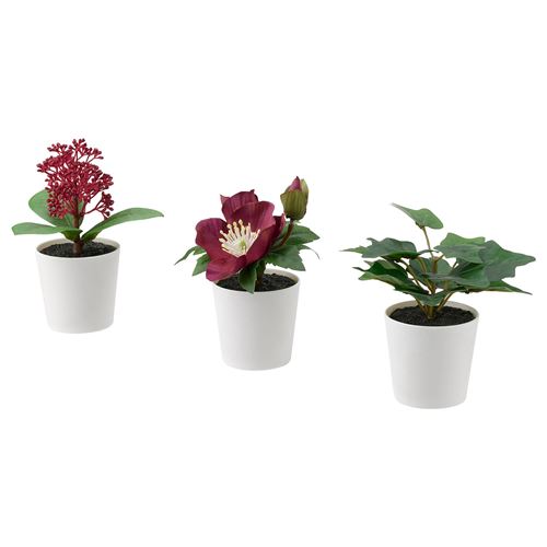 3 Lü Saksılı Yapay Bitki,Kırmızı-Yeşil Renk 6Cm Mini Dekorasyon Çiçek İç-Dış Mekan