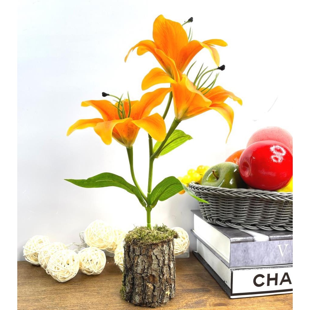 Yapay Çiçek Kütük Saksıda Islak Lilyum Somon Renk 3 Çiçekli Gerçe