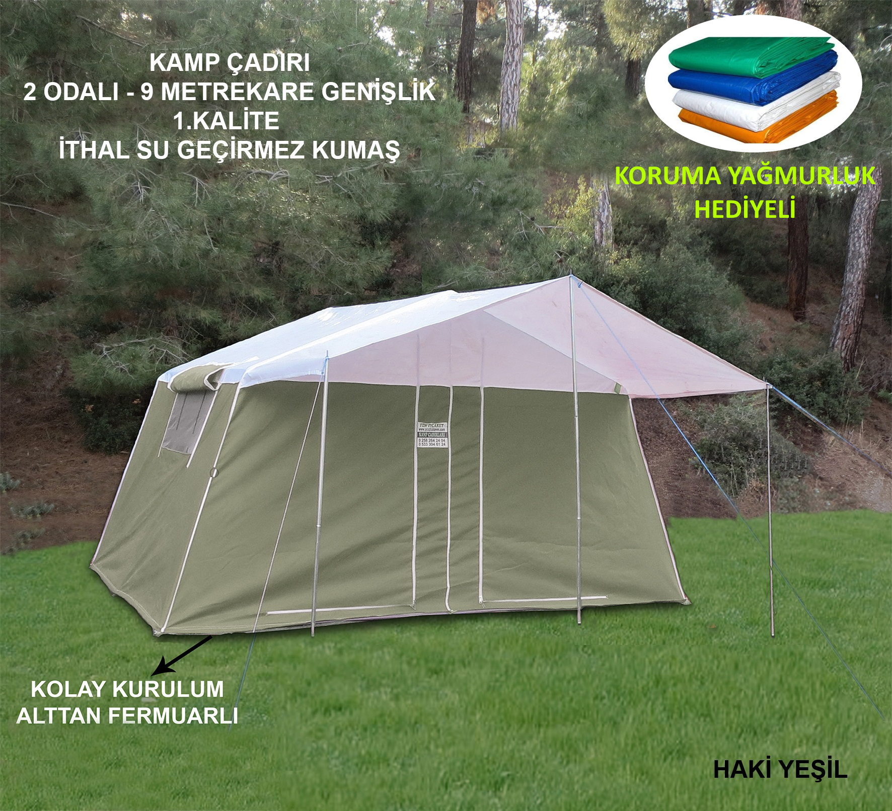 Fzm Açık Haki Yeşil 2 Odalı Kamp Çadırı  + Yağmurluk