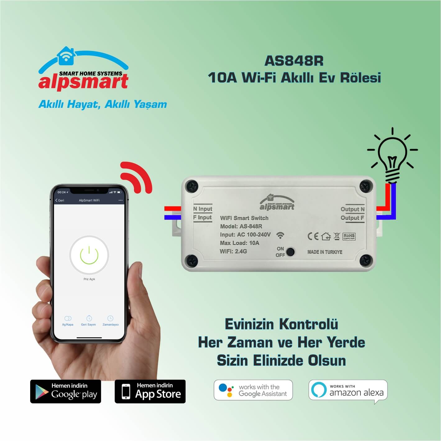 Alpsmart As848R 10A Akıllı Wi-Fi Ev Rölesi