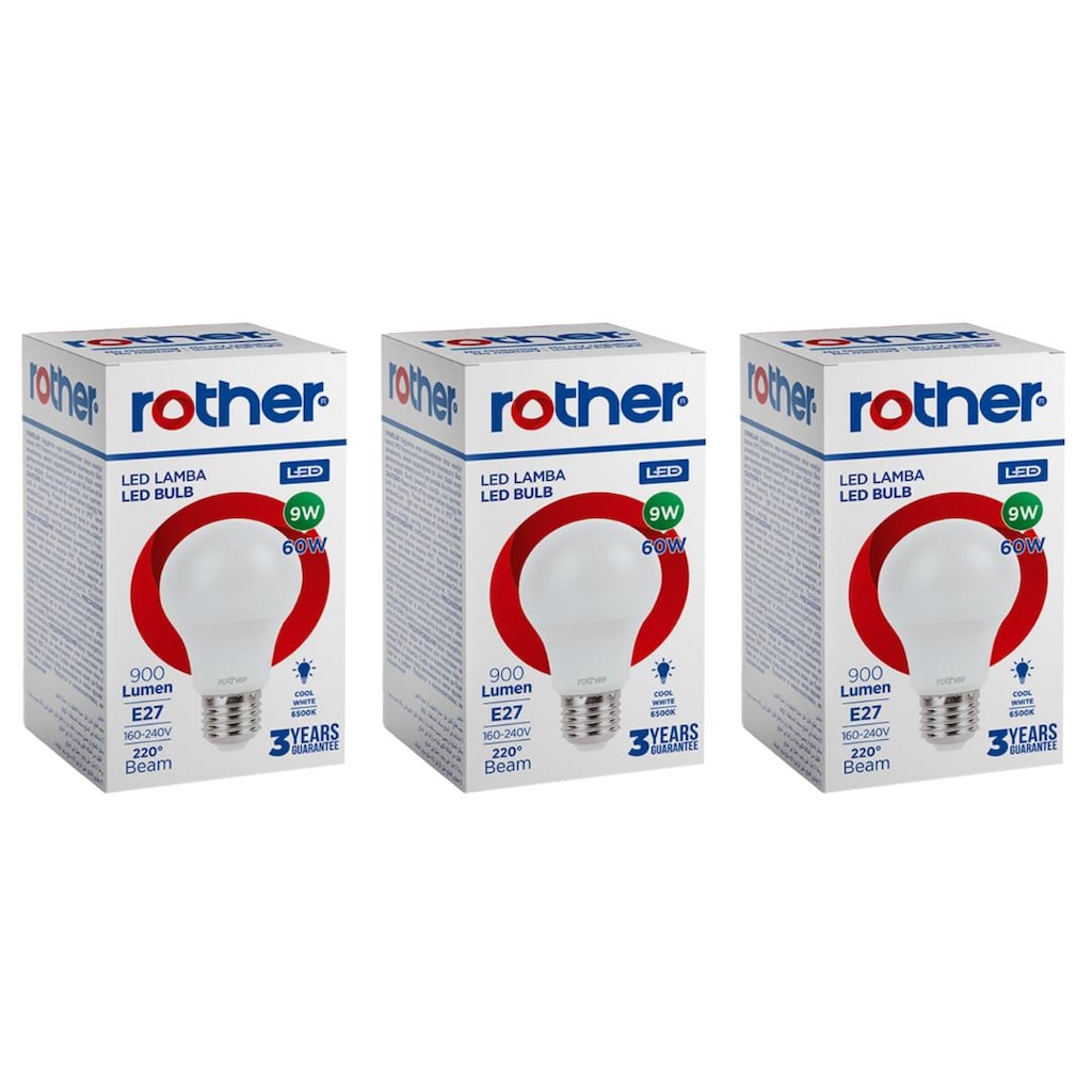 Rother 9W Led Ampul E27 Duy (3 Adet)