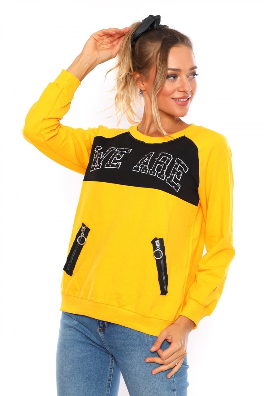 Boncuk Detaylı, Sahte Cepli Sarı Kadın Sweatshirt 001