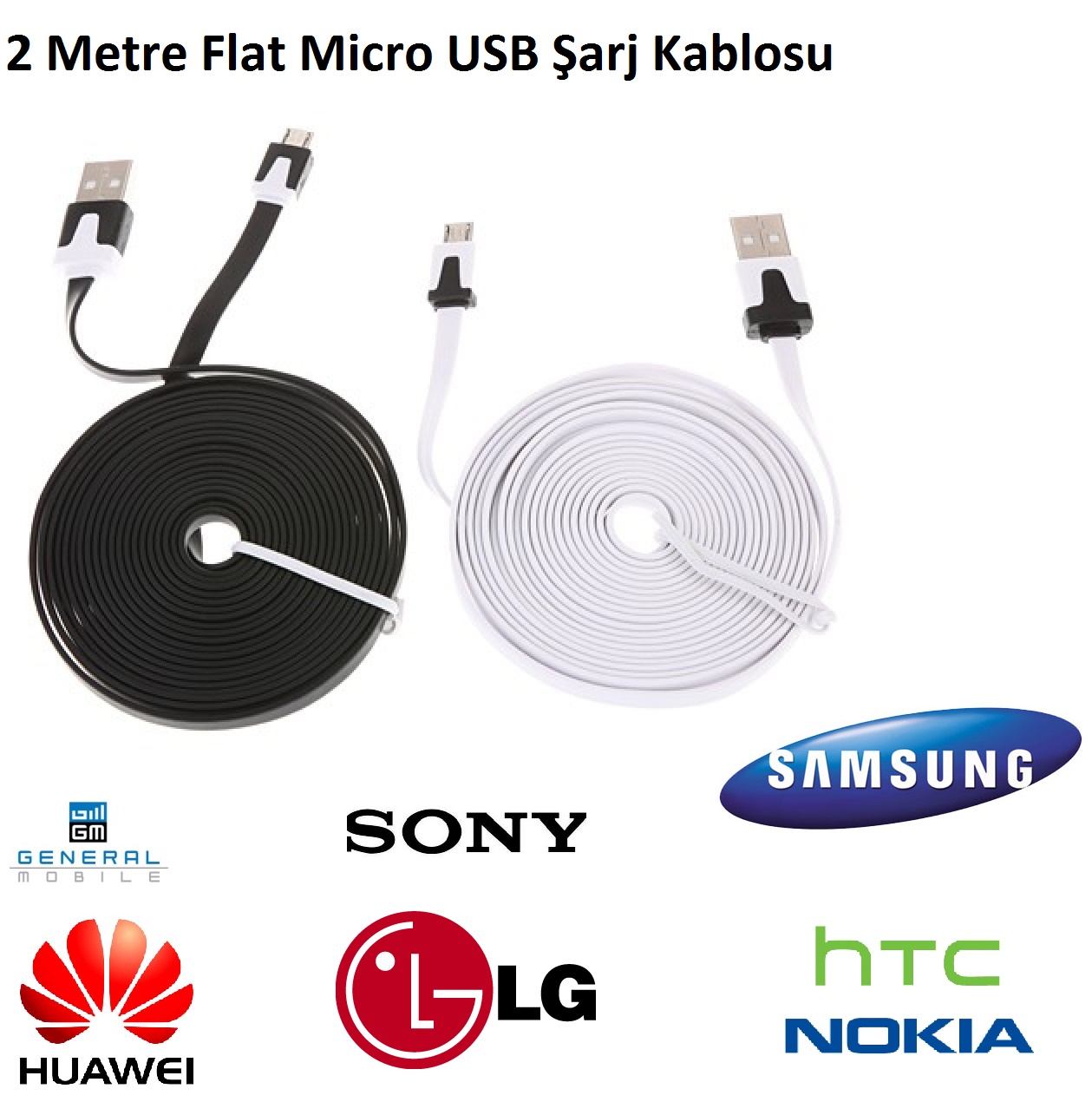 2 Metre Flat Micro USB Şarj ve Data Kablosu