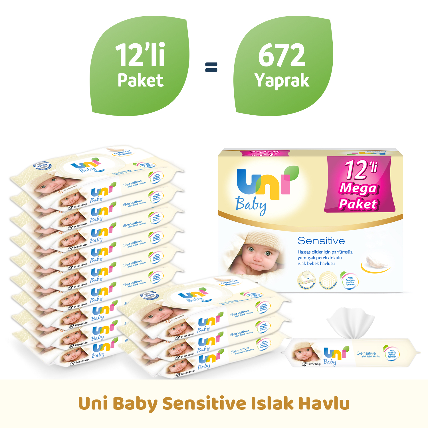 Uni Baby Sensitive Islak Bebek Havlusu 12'Li Mega Paket 672'Li