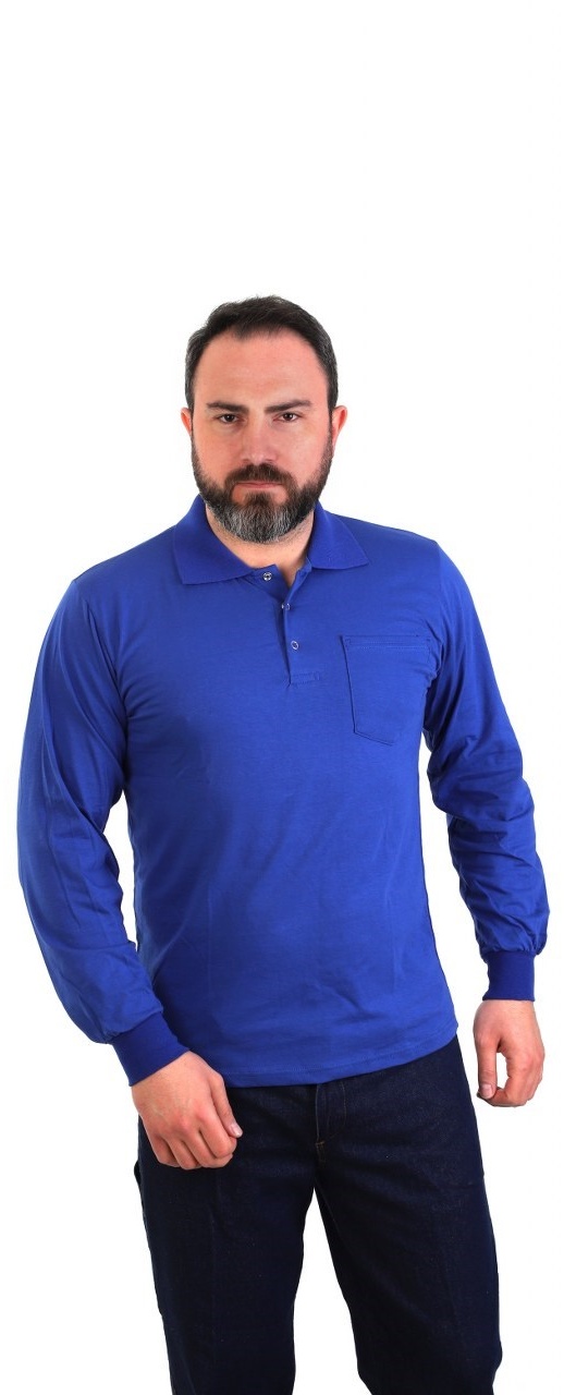 Eser - Polo Yaka Uzun Kol Penye İş Tişörtü - Cepli - Saks Mavi
