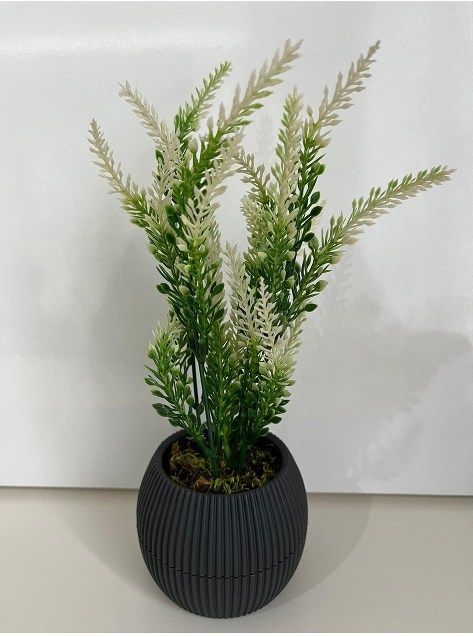 Mini Saksıda Yapay Çiçek Yeşil Beyaz Lavanta Demeti Gerçek Yosunlu Mini Saksı Aranjman - Antrasit Gri