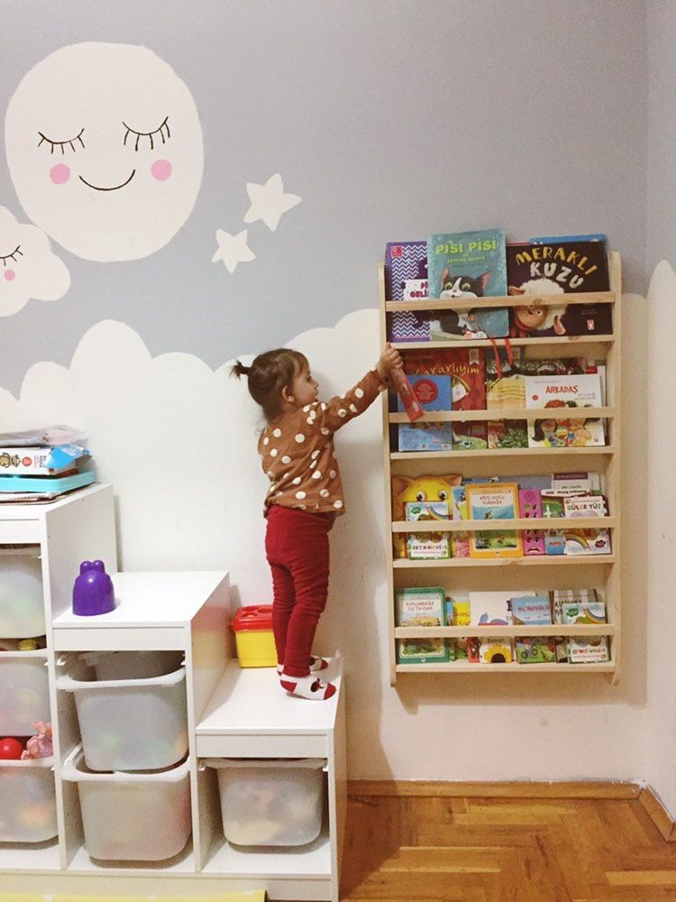 Karaköse-Ahşap Montessori Kitaplık Ahşap Çocuk Odası Eğitici Kitaplık Duvar Rafı