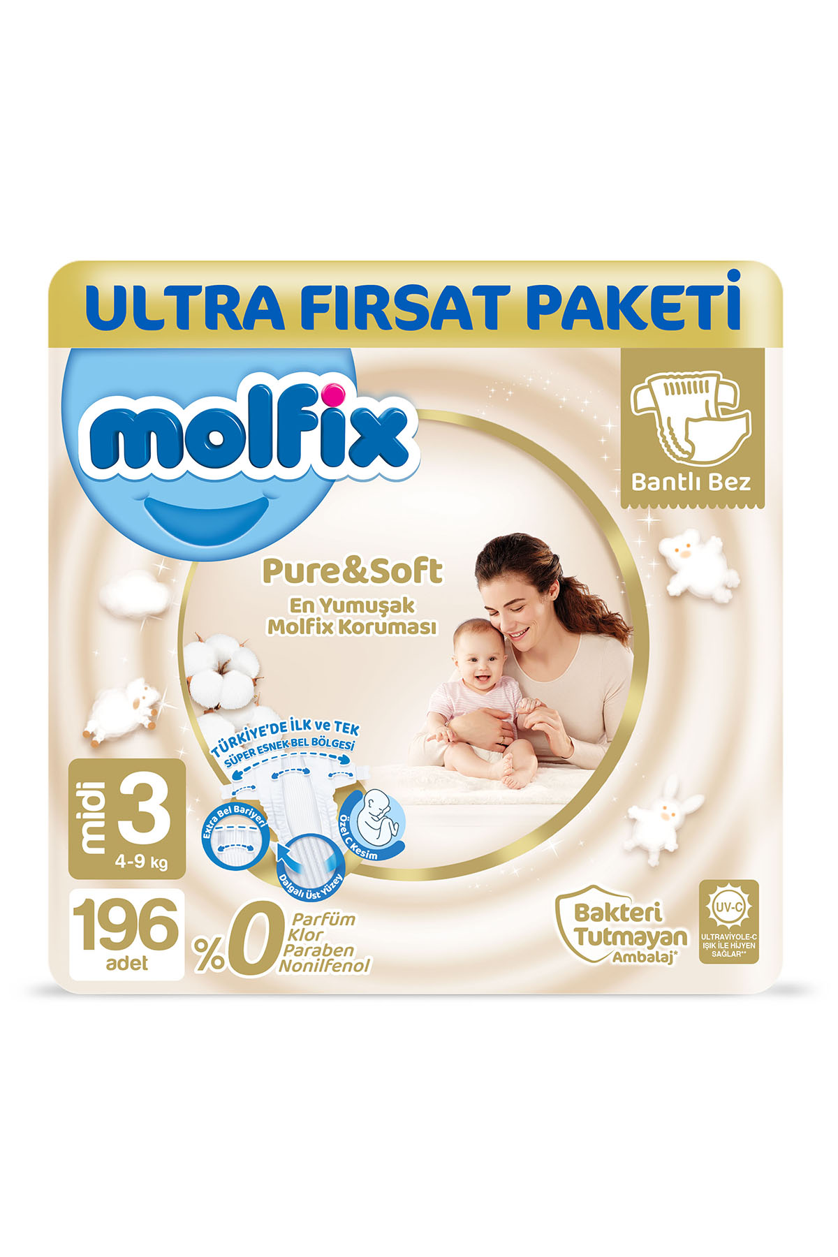 Molfix Pure&Soft Bebek Bezi 3 Numara Midi Ultra Fırsat Paketi 196 Adet