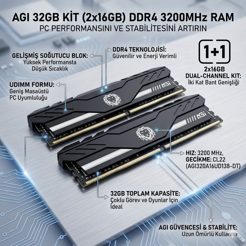 Agı 32gb Kit 2x16gb Ddr4 3200mhz Udımm Cl22 Soğutuculu Masaüstü Pc Ram
