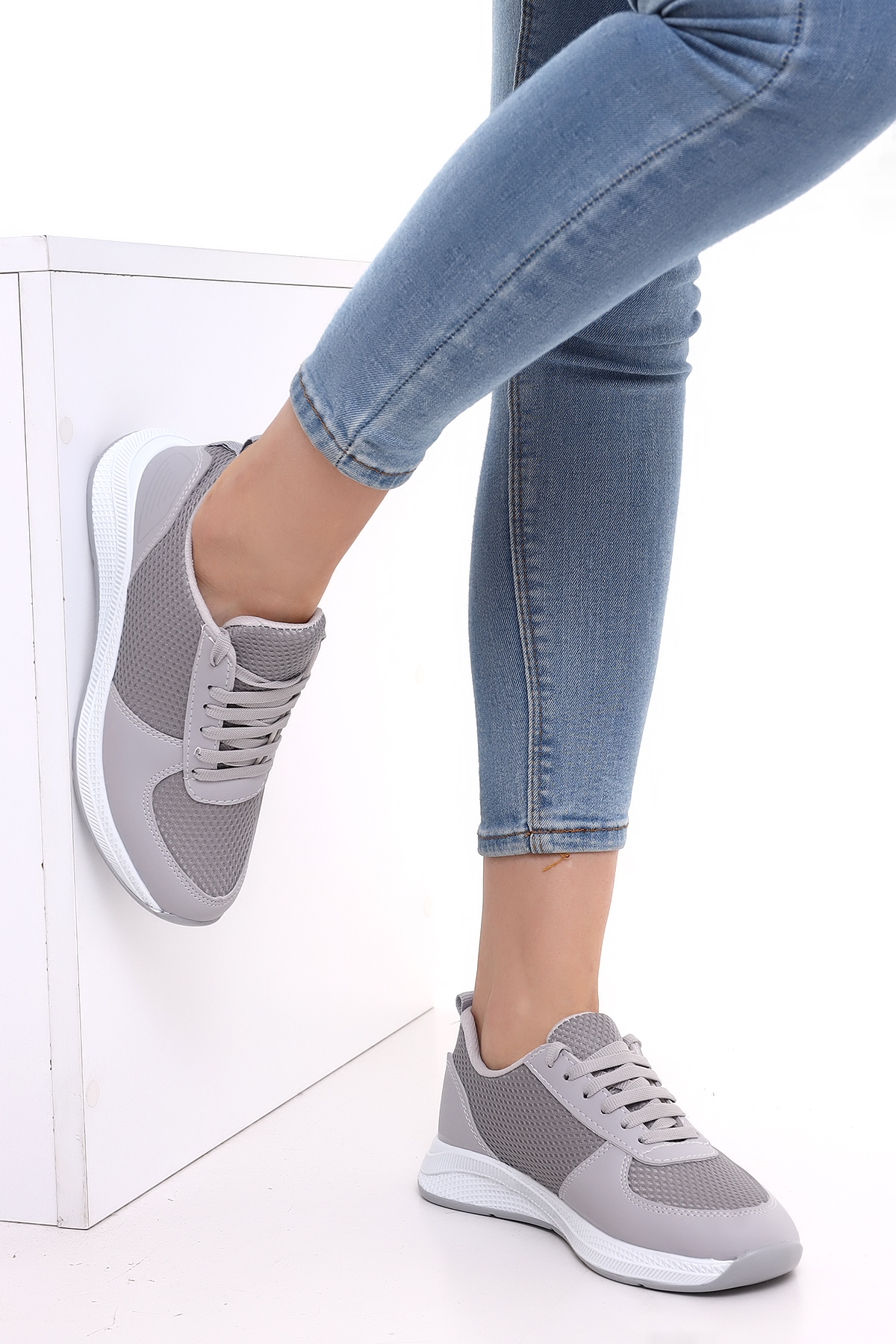 Wordex F3 Kalın Taban Günlük Kadın Fileli Yazlık Sneaker Spor Ayakkabı Gri