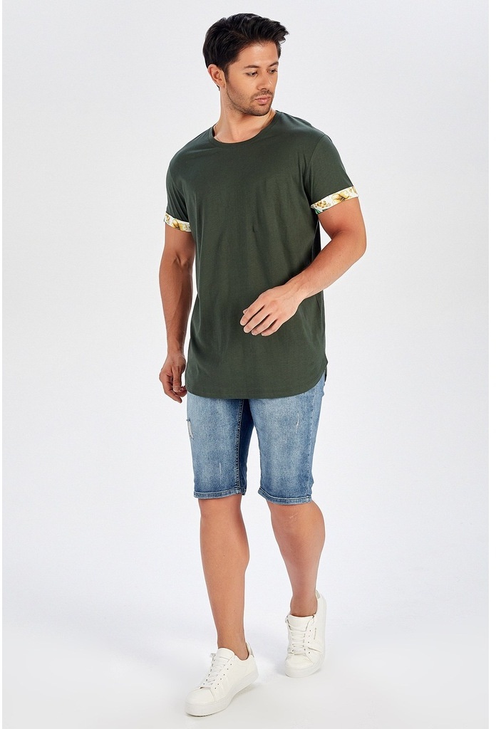 Peraluna Kol Ucu Desenli Uzun Haki Pamuklu Erkek T-Shirt-Haki