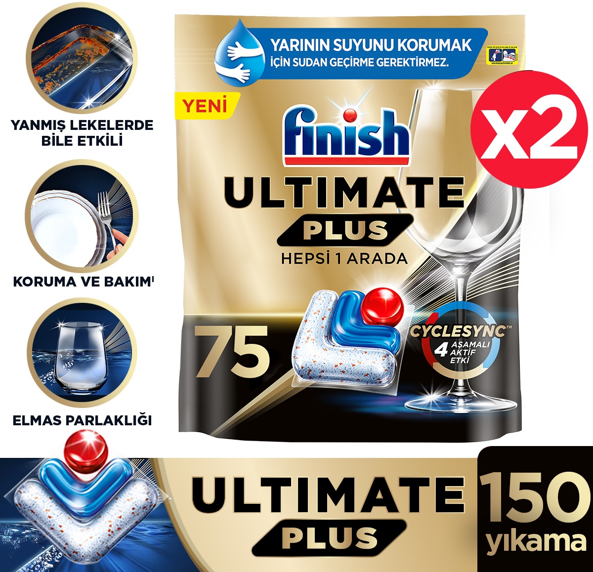 Finish Ultimate Plus 150 Kapsül Bulaşık Makinesi Deterjanı Tableti 2 x 75 Tablet