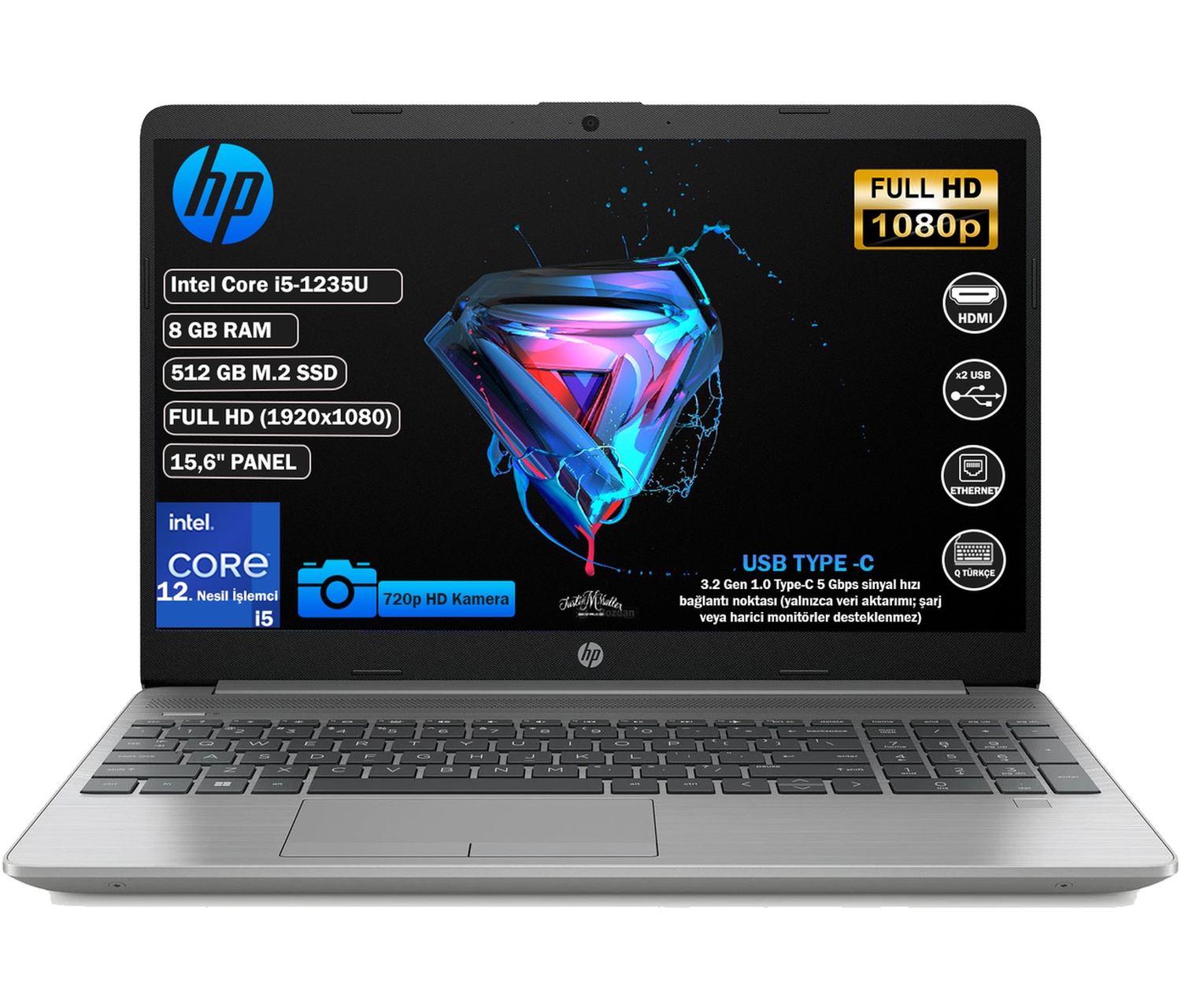 HP 250 G9 6Q8M5ES i5-1235U 8 GB 512 GB SSD 15.6" Free Dos Dizüstü Bilgisayar