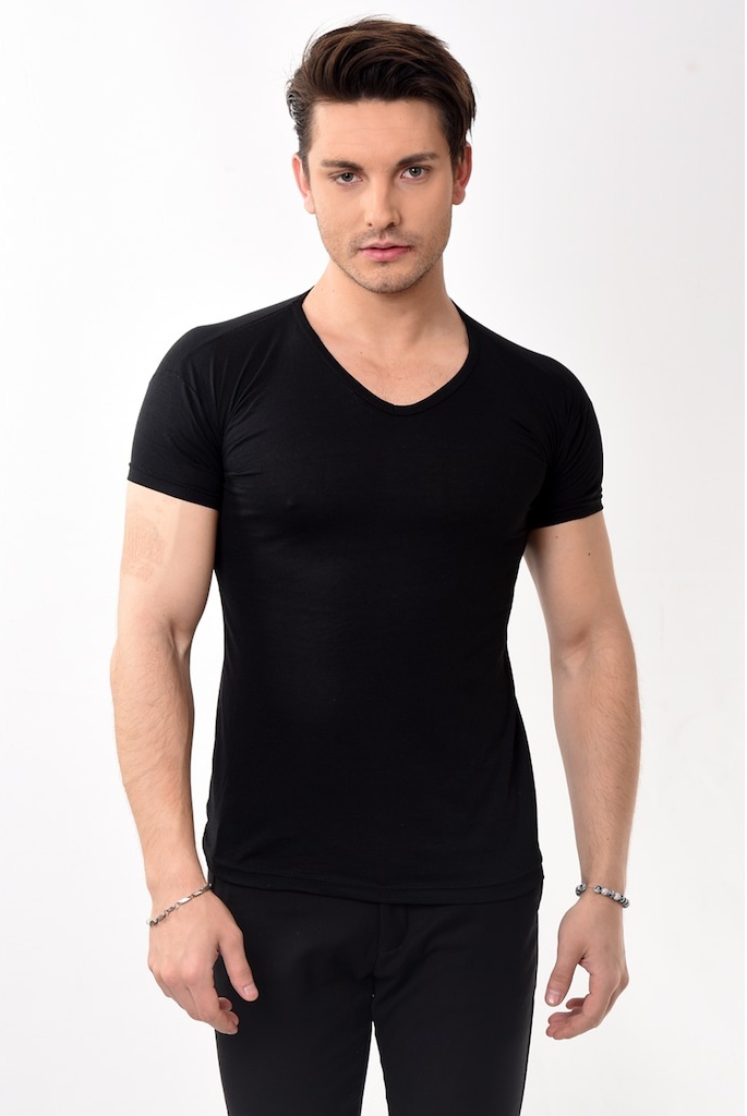V Yaka Basic Slim Fit Erkek Tişört T-Shirt 10 Renk