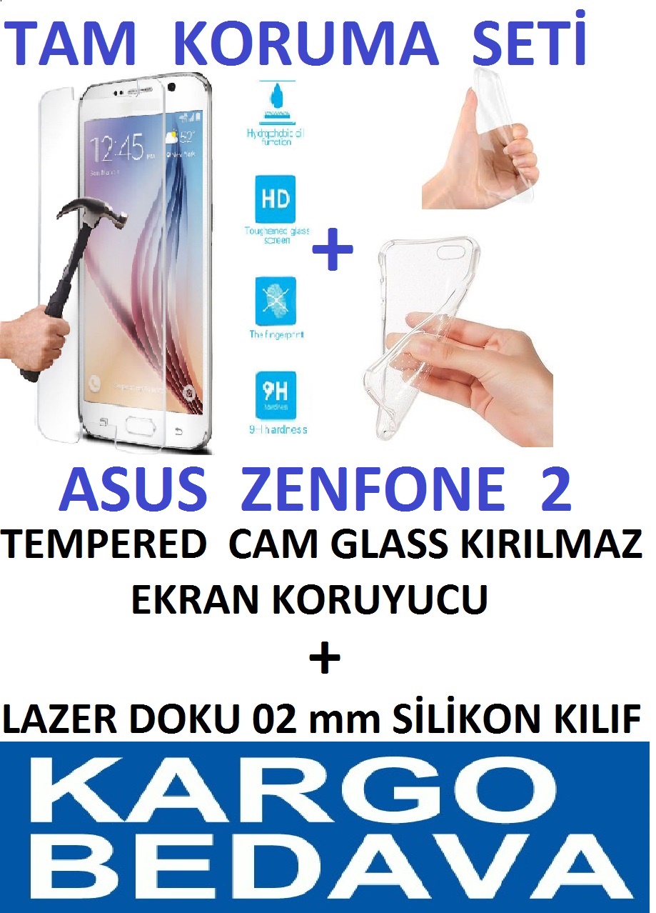 ASUS Zenfone 2  5.5 inç Ön Tempered Cam Glass+ 02mm Silikon Kılıf