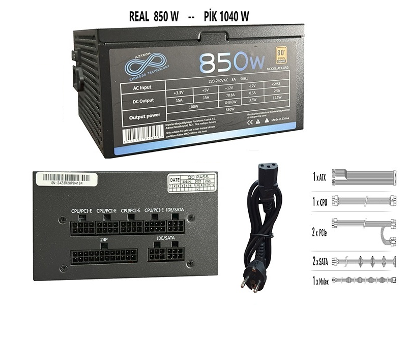 Aztech ATX850 850W 12 CM Fan 80 Plus Copper Tam Modüler PSU