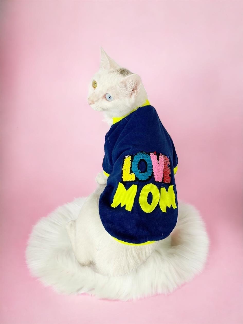 Kemique Hediye Paketli Anneye Hediye Love Mom Neon Oval Yaka Tişört Kedi Kıyafeti Lacivert XL