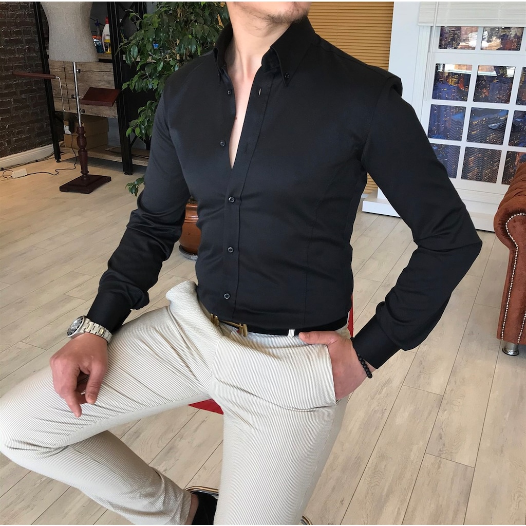 Italyan Stil Slim Fit Dik Yaka Saten Erkek Gömlek Siyah T4739