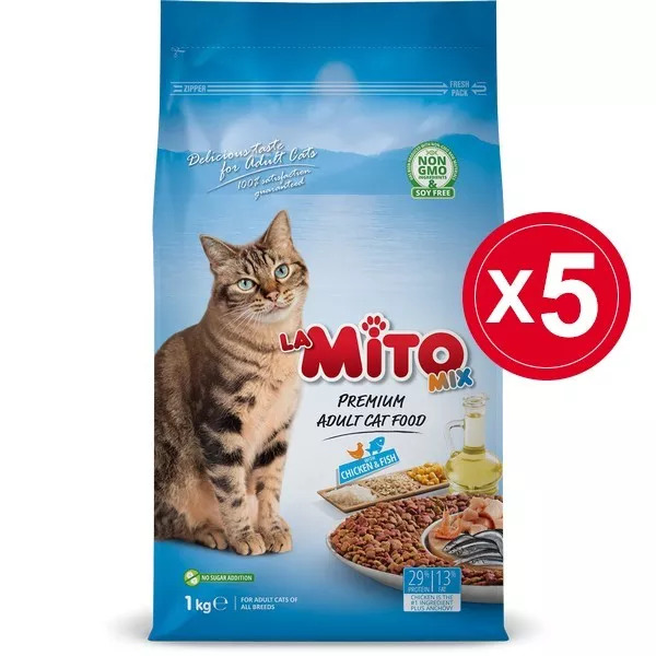 La Mito Mix Tavuklu ve Balıklı Yetişkin Kedi Maması 5 x 1 KG