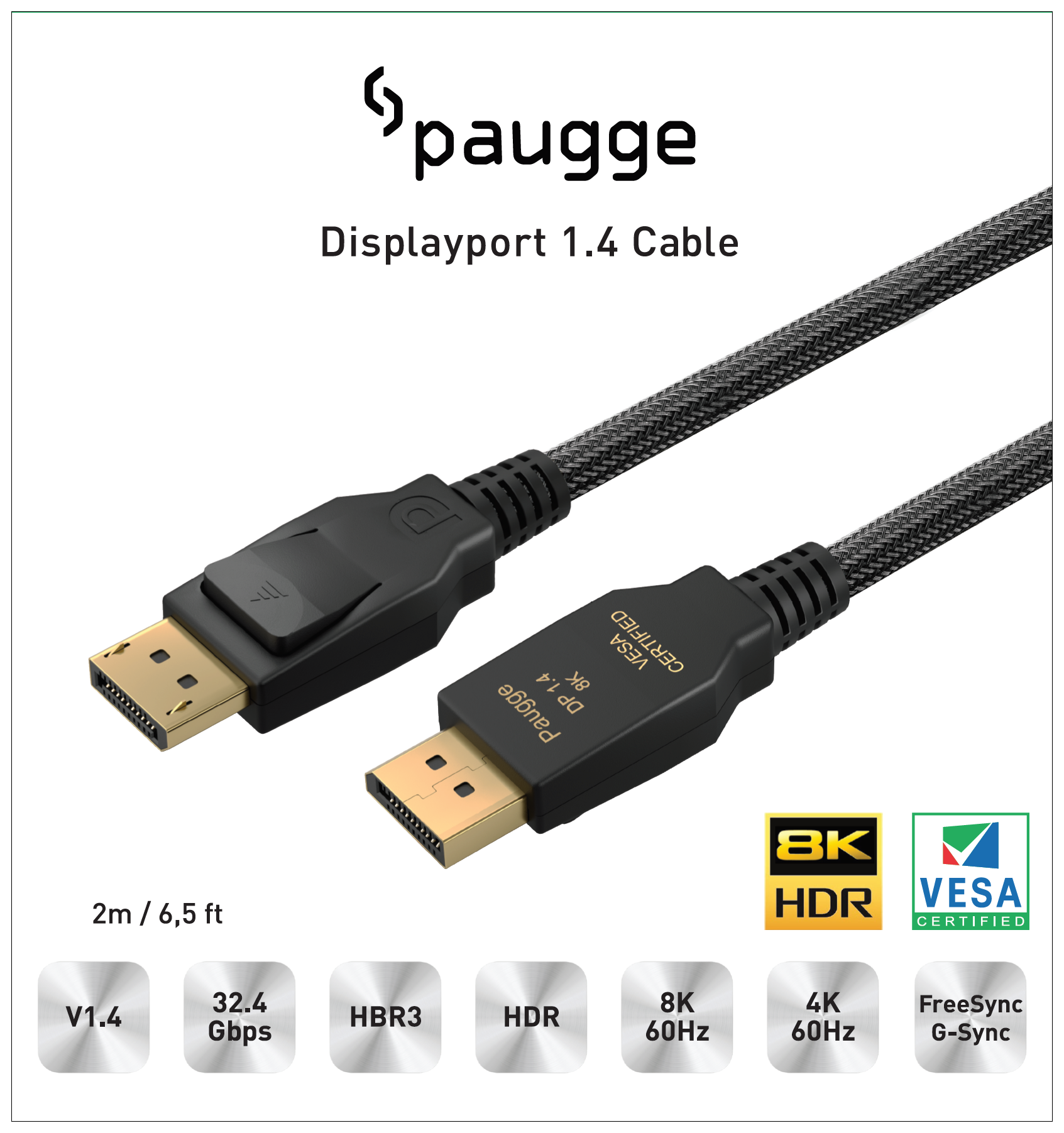 Paugge Vesa Sertifikalı 2M Displayport 1.4 Kablo Entdp1420