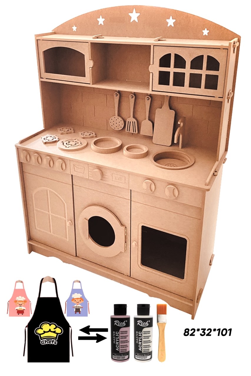 Mutfak Montessori Boyanabilir Büyük Boy Oyuncak Set + 2 Adet Boya ve Fırça VEYA Önlük
