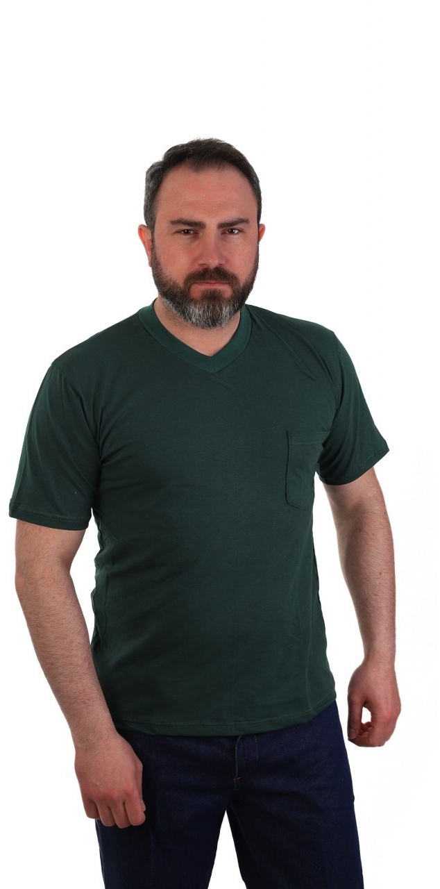 Eser - V Yaka Kısa Kol Penye İş Tişörtü - Cepli - Koyu Yeşil