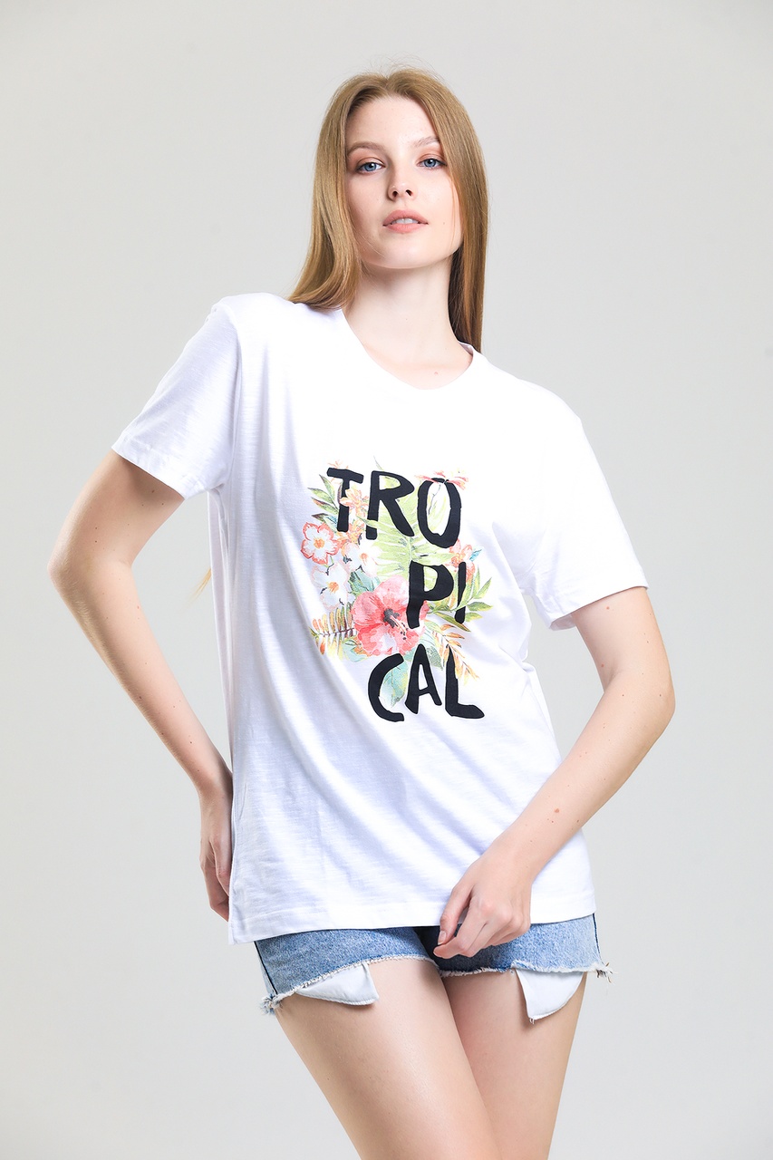 Weyeze Tropical Baskılı Rahat Kalıp Pamuklu T-shirt Ac-y38333b- Beyaz