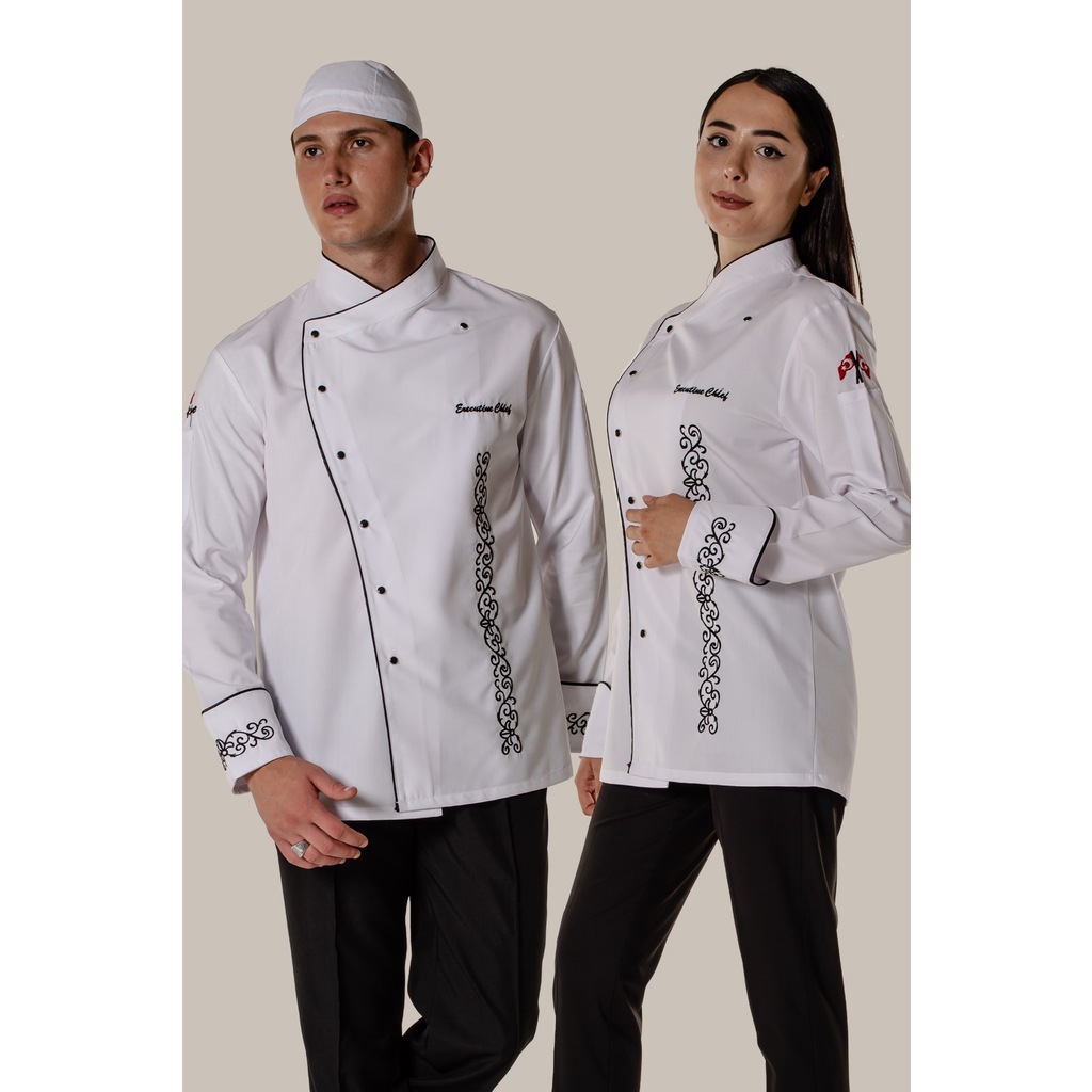 Beyaz Aşçı Ve Mutfak Şef Ceketi Siyah Nakış Desenli Ve Biyeli