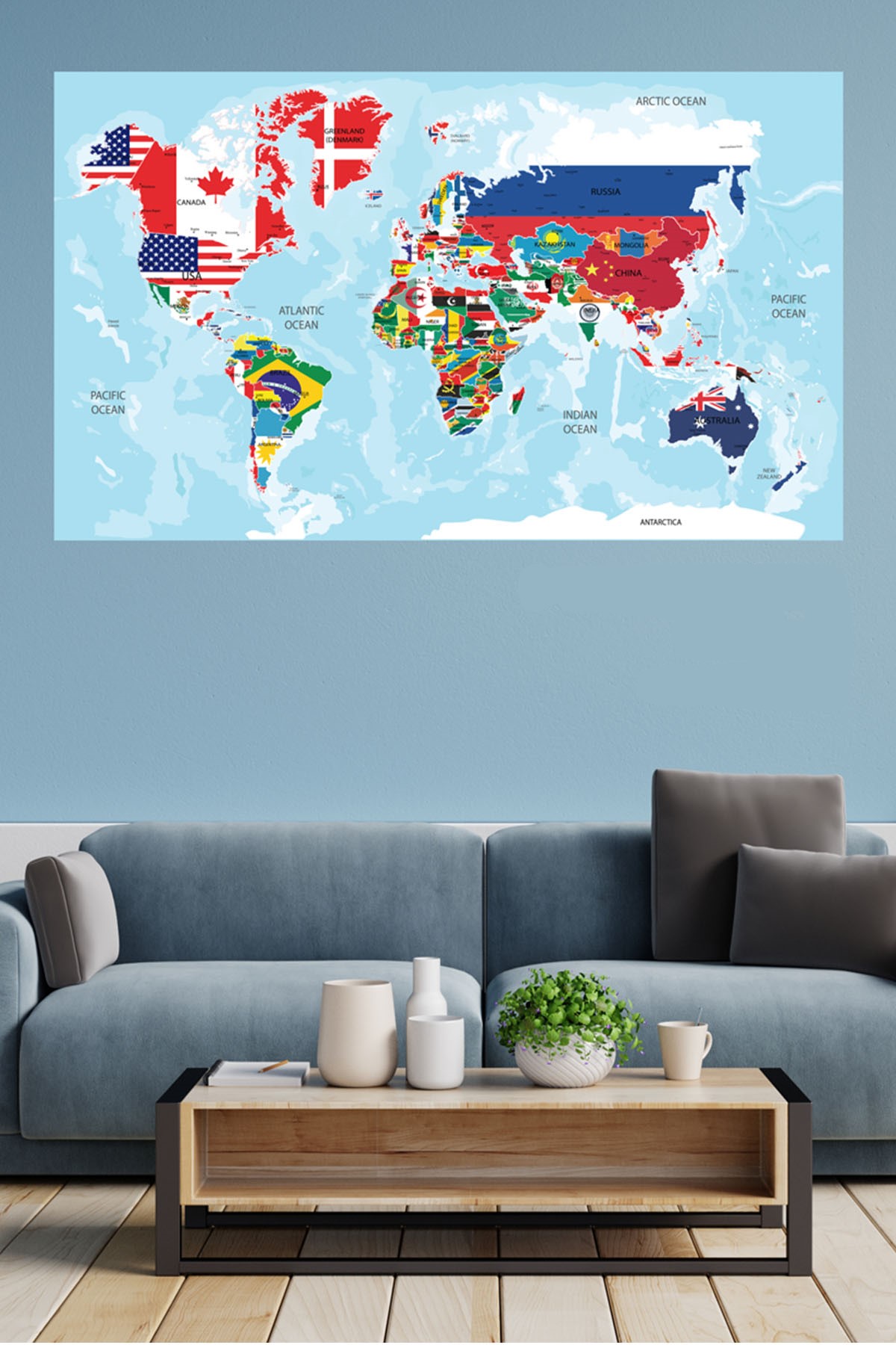 Bayraklı Renkli Dünya Haritası Akıllı Kağıt Tahta Kırmızı-Tek Ebat
