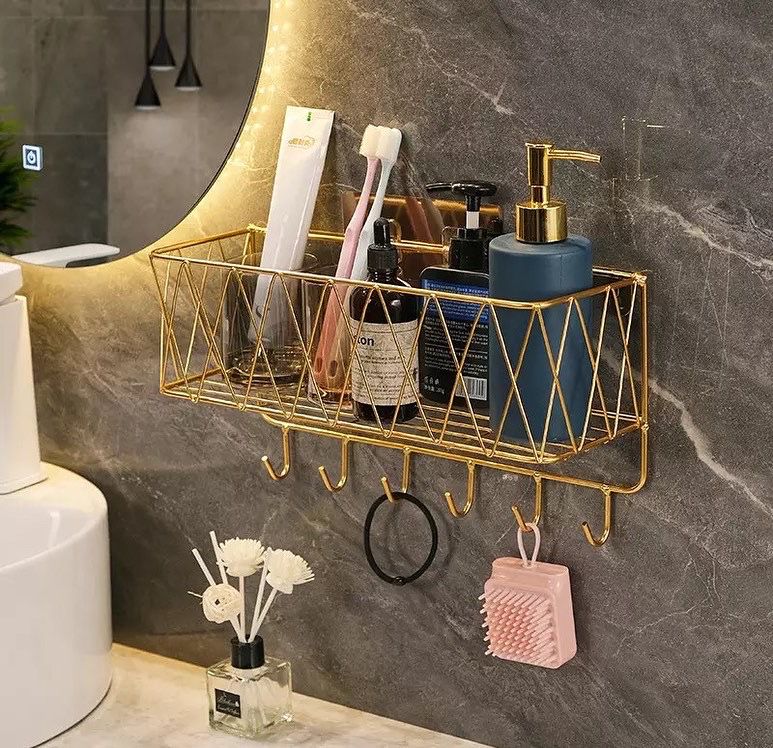 Banyo Rafı Dekoratif Metal Gold Banyo ve Mutfak Rafı Çok Amaçlı S