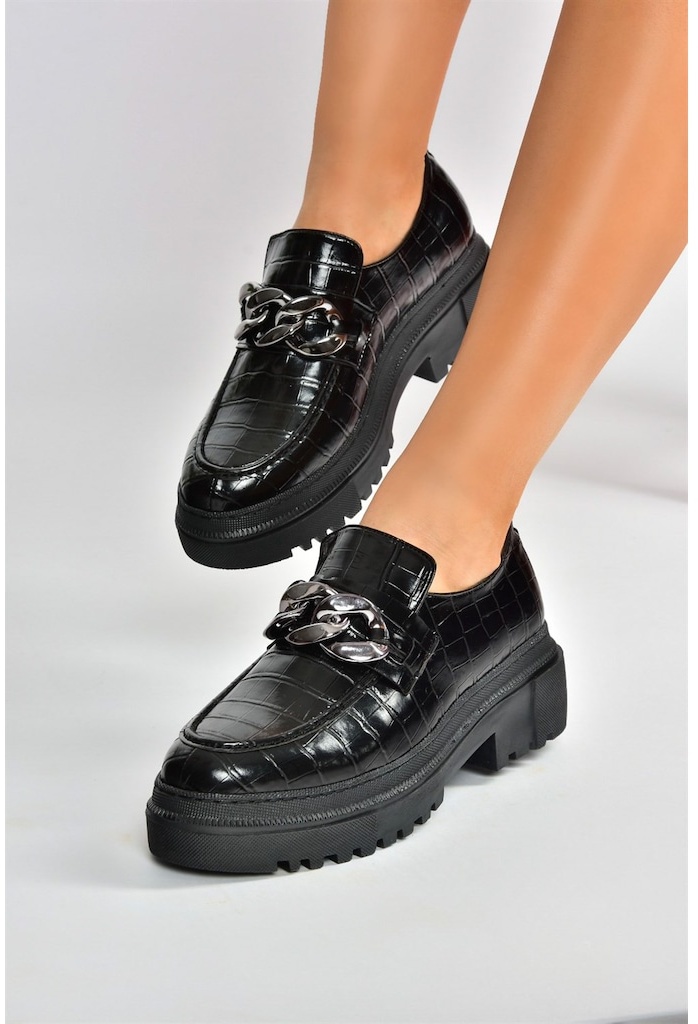 Fox Shoes Siyah Kroko Baskı Kalın Tabanlı Günlük Kadın Ayakkabı