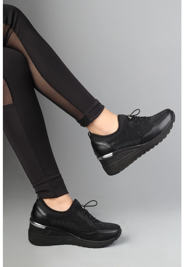 Modabuymus Kadın Siyah Taşlı Dolgu Topuklu Ayakkabı - Stonestar