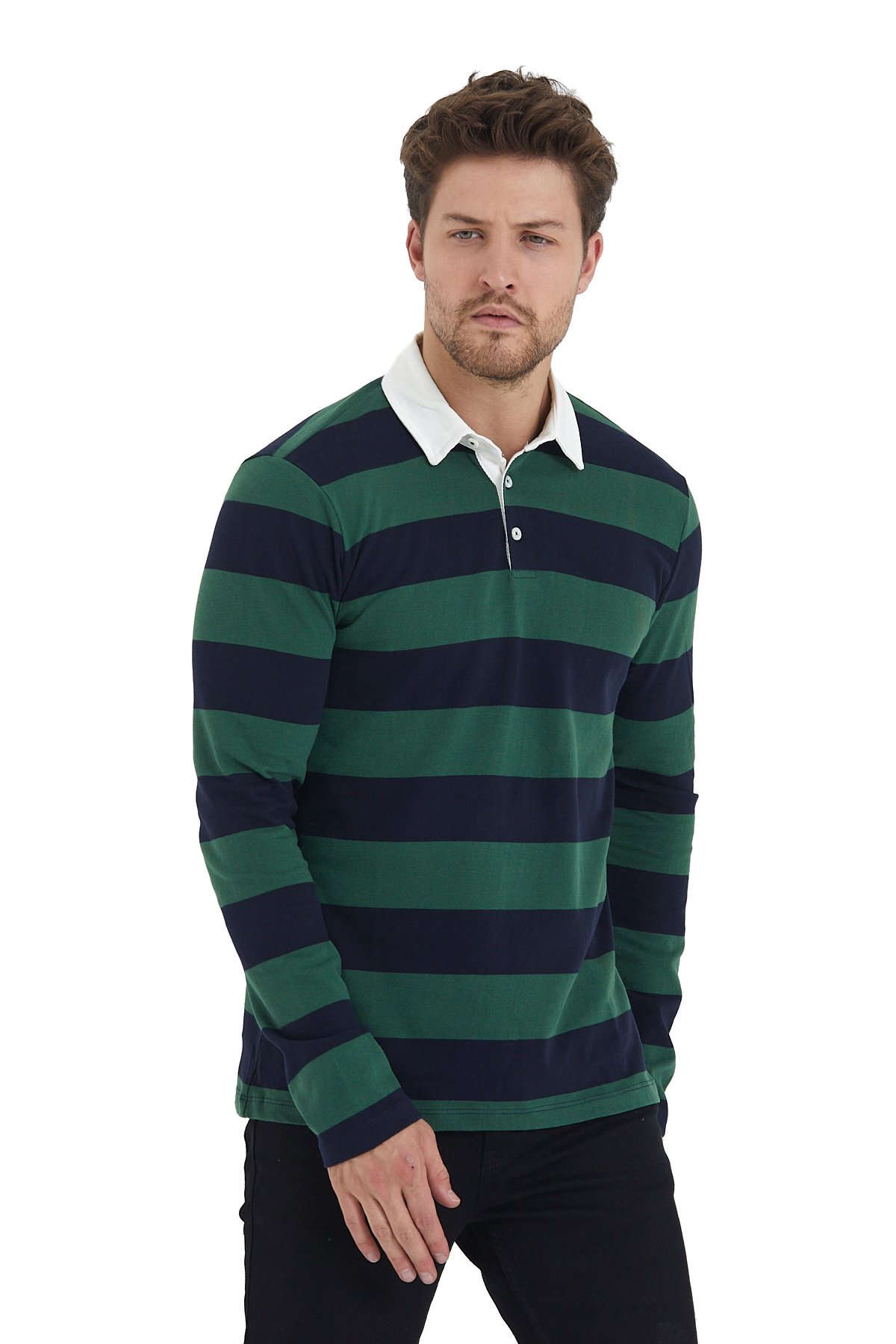 Erkek Yeşil Lacivert Çizgili Polo Yaka Sweatshirt 001