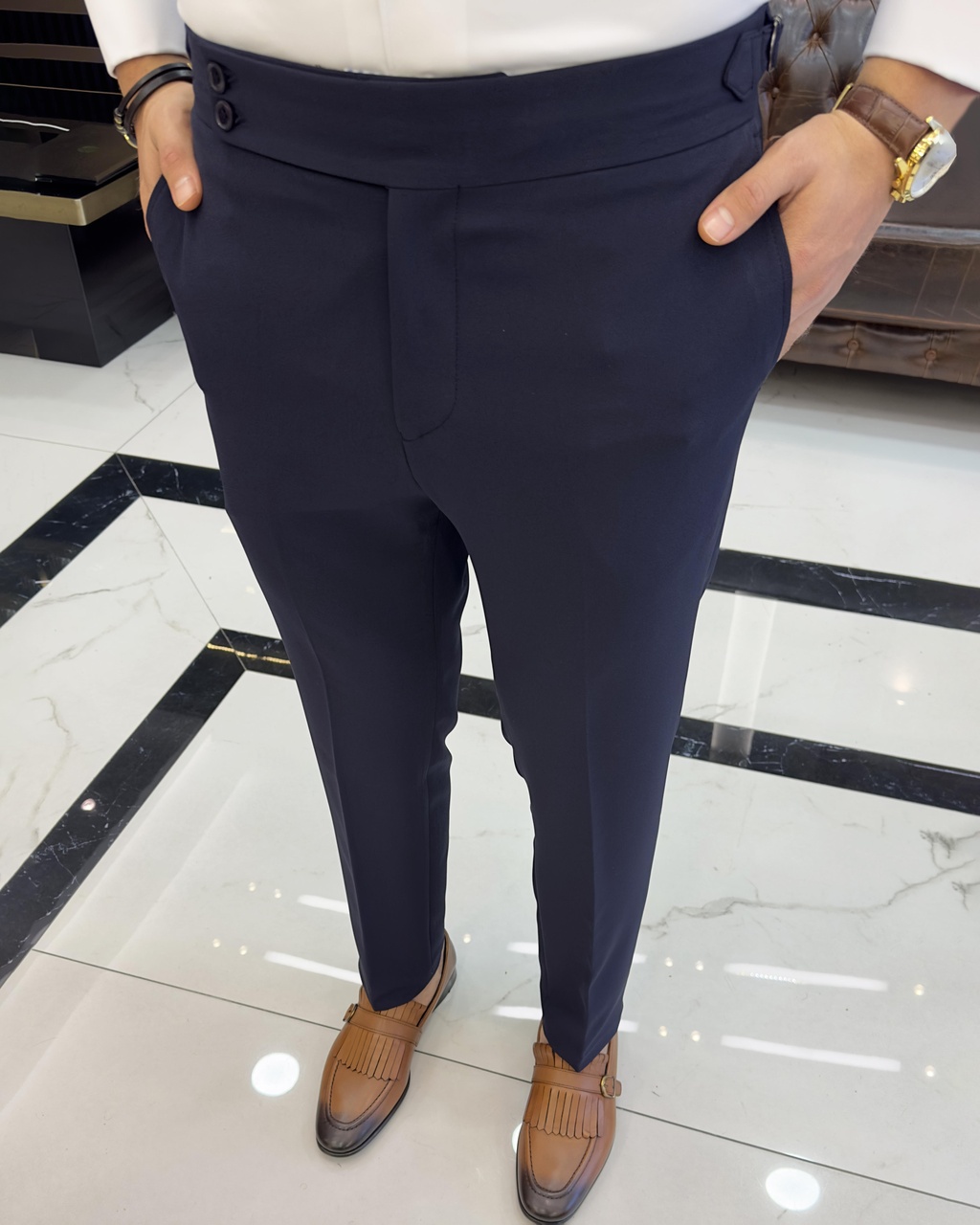 İtalyan Stil Slim Fit Bel Detaylı Erkek Pantolon Lacivert T10564-lacivert