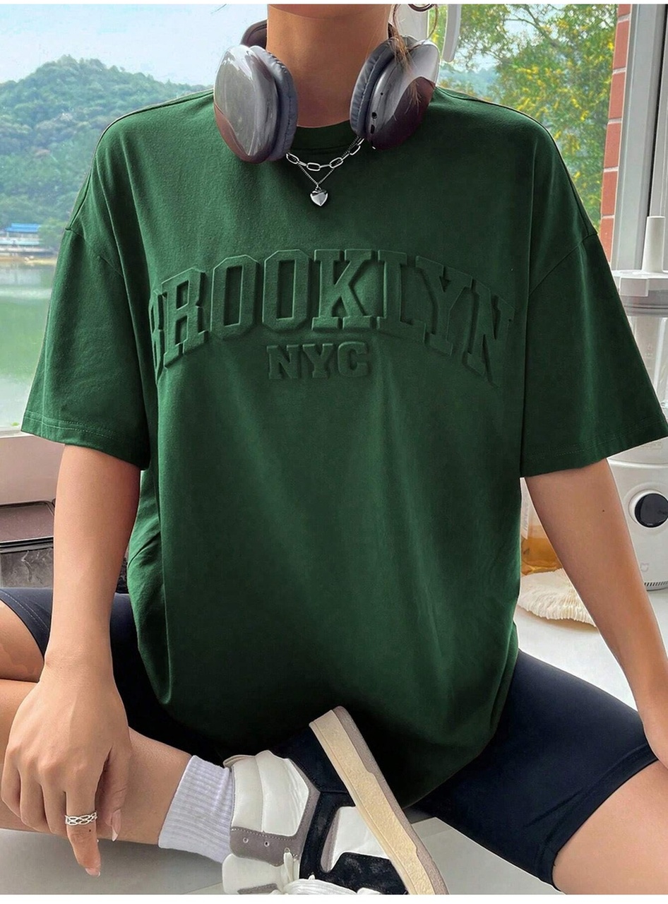 Kadın Nefti Yeşil Brooklyn Nyc Baskılı Oversize Tişört