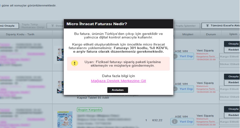 Mikro ihracat siparişinde e-Arşiv faturası yükleme ekranı