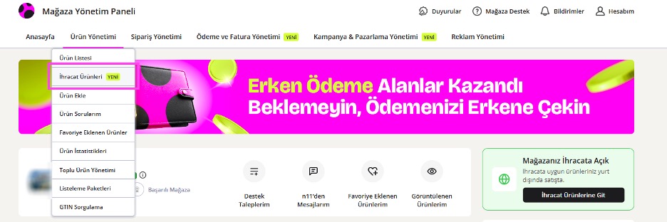 Satıcı Paneli İhracata Açık Ürünler sayfası