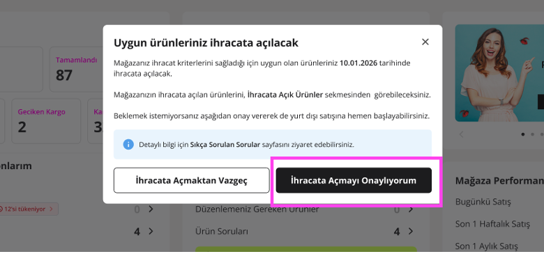 Satıcı Ofisi mikro ihracat bilgilendirme ve onay ekranı