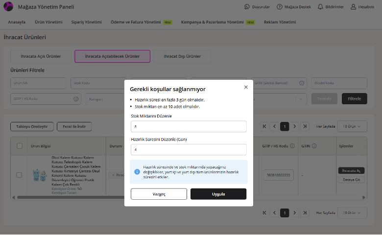 Mikro ihracat stok ve hazırlık süresi koşulları