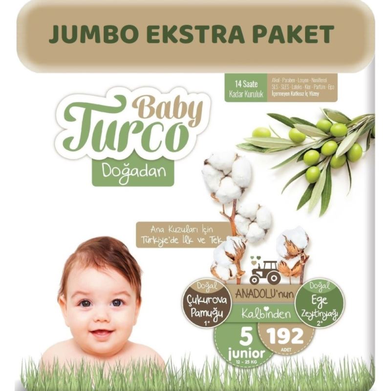 Baby Turco Doğadan Bebek Bezi 5 Numara Junior Jumbo Ekstra Paket 192 Adet